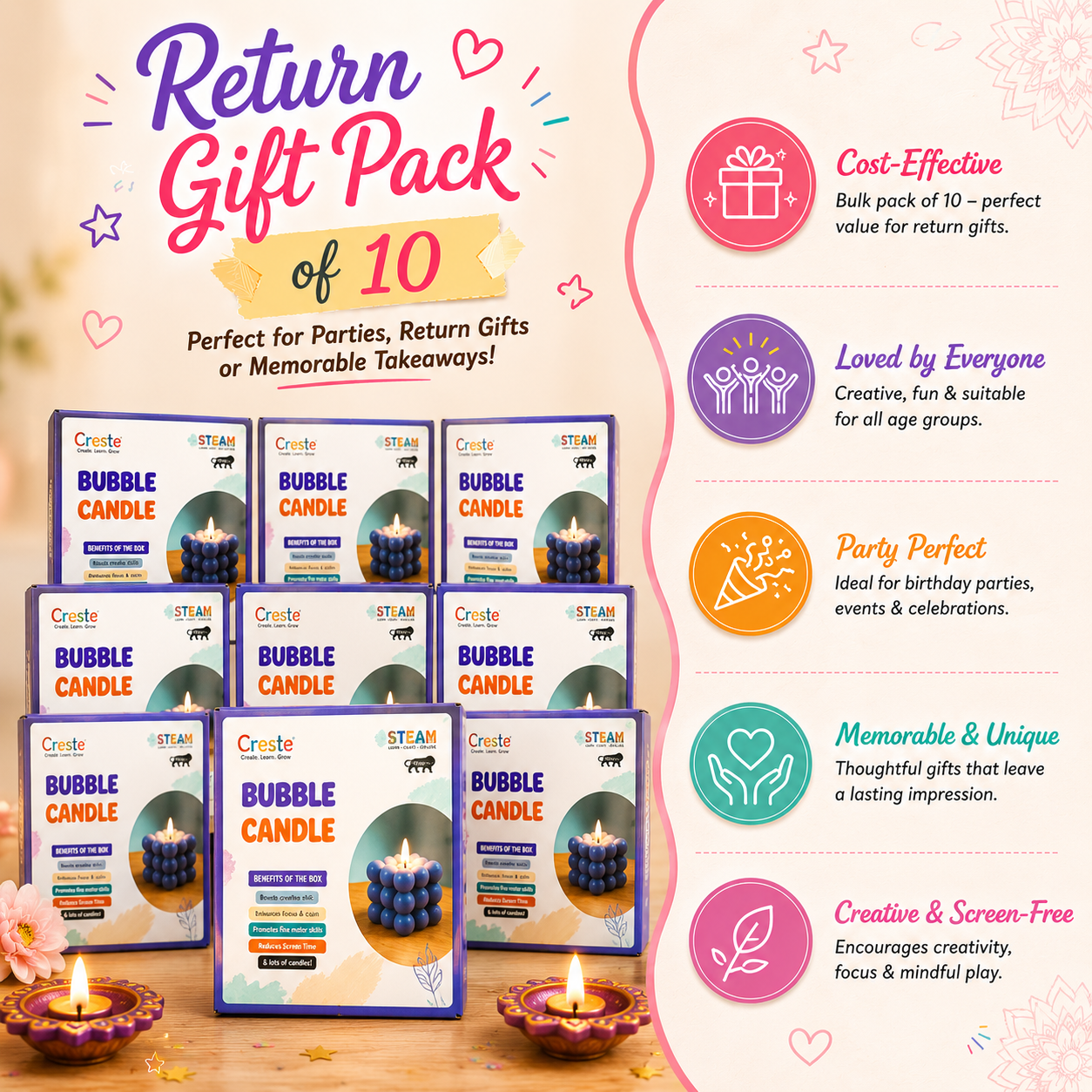 DIY Mini Bubble Candle Making Kit | Return Gifts Pack of 10pcs | 10years+