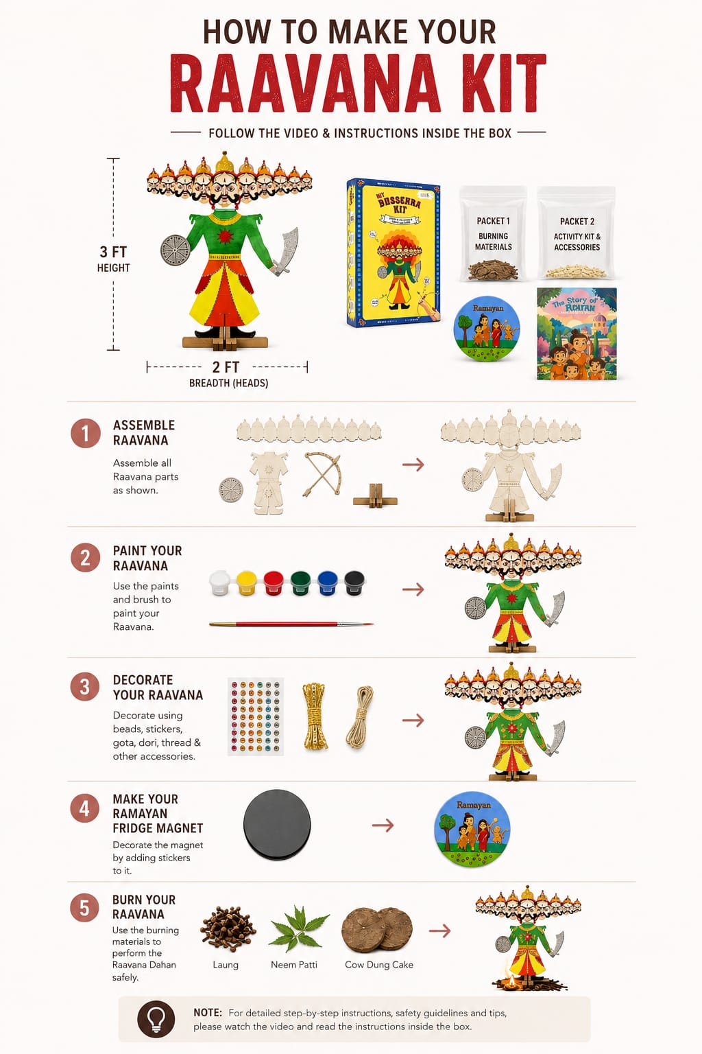 DIY Dussehra Kit for Kids - 3ft Ravan Craft Set with Pre-Cut Pieces, Paints & Stickers - Educational Festival Activity for Ages 3+