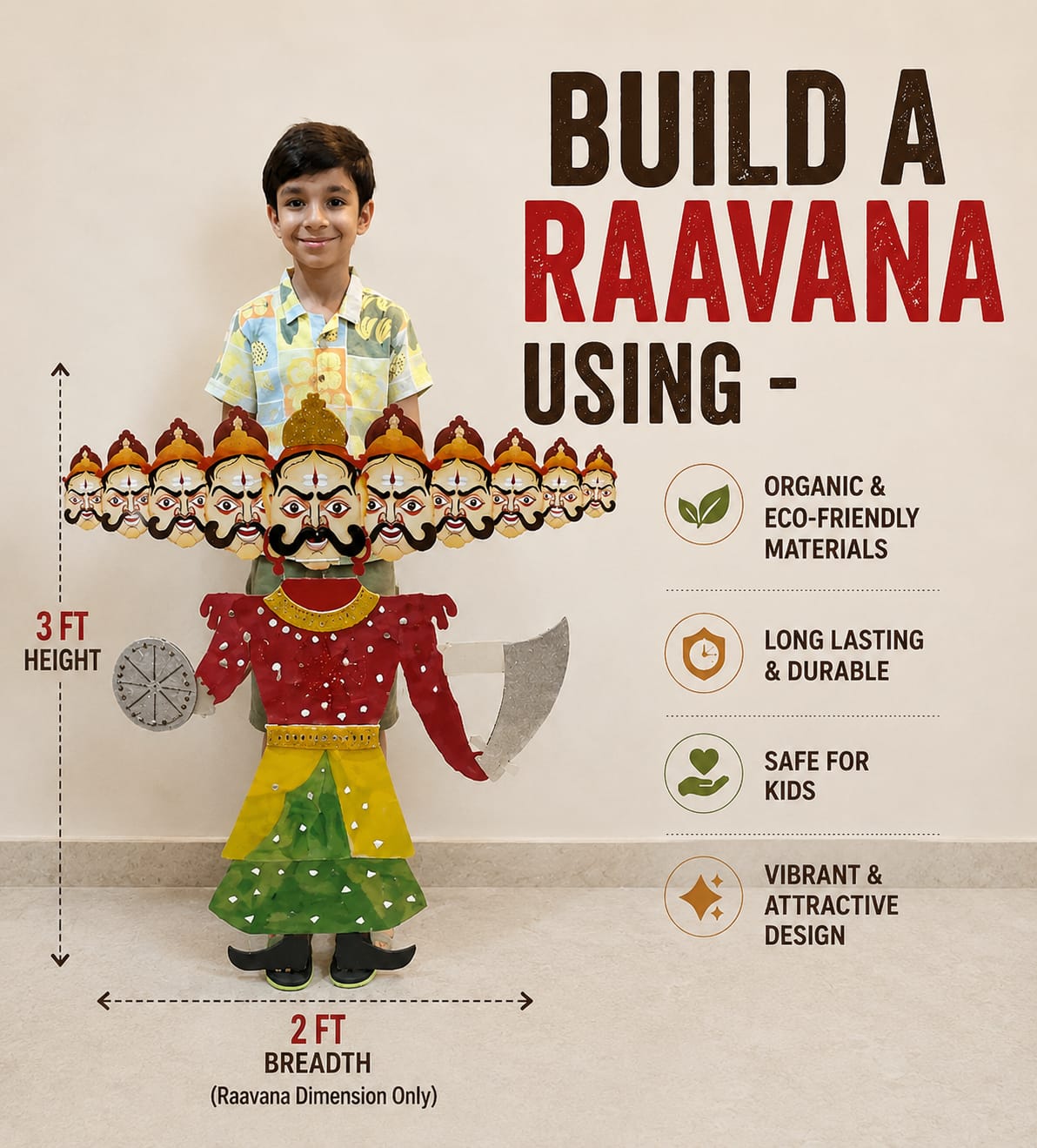 DIY Dussehra Kit for Kids - 3ft Ravan Craft Set with Pre-Cut Pieces, Paints & Stickers - Educational Festival Activity for Ages 3+