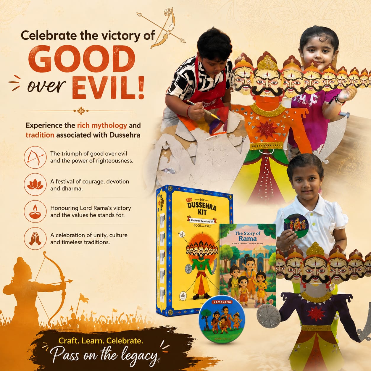 DIY Dussehra Kit for Kids - 3ft Ravan Craft Set with Pre-Cut Pieces, Paints & Stickers - Educational Festival Activity for Ages 3+